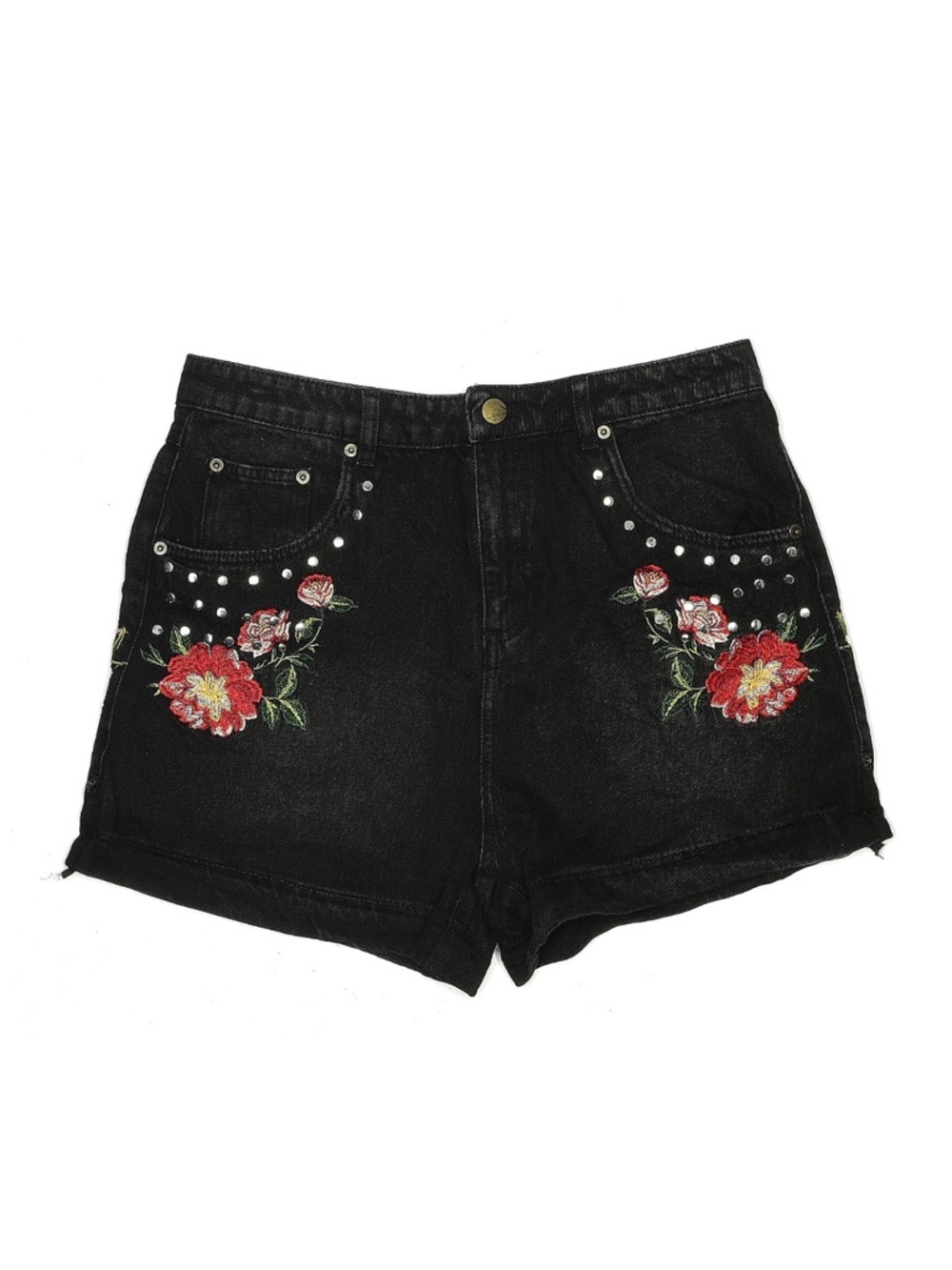 Forever 21 Black Denim High-Waist Shorts with Red Floral Embroidery
